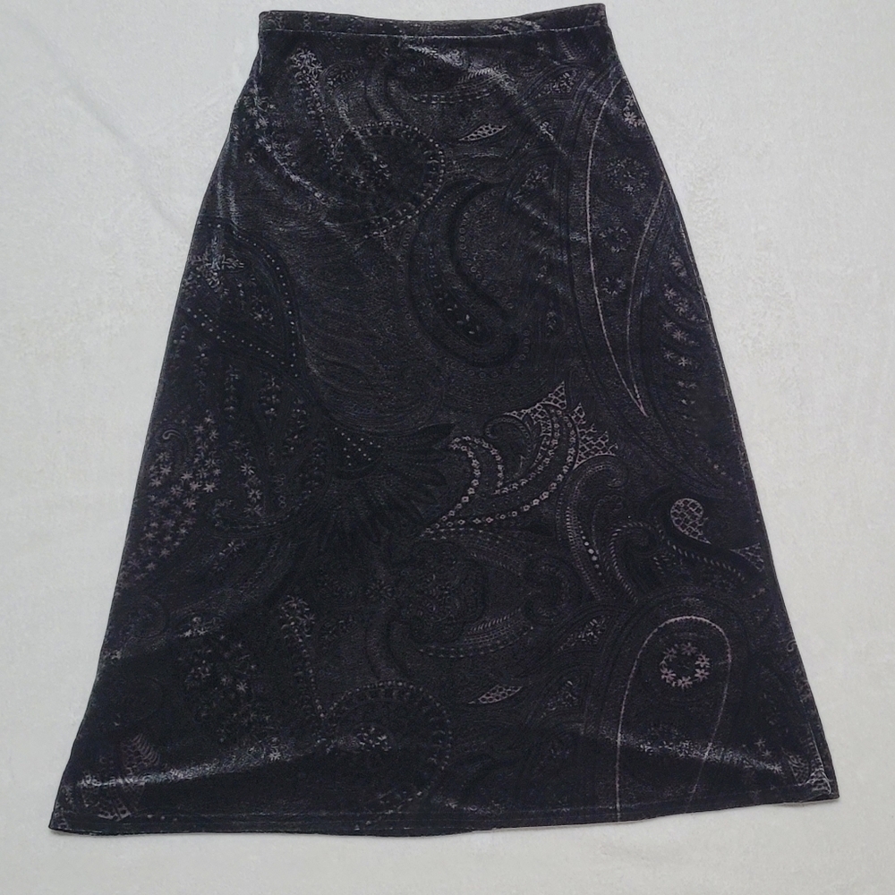 Kathie Lee Whimsigoth Vintage 90s Black Gray Paisley Velvet A-line Maxi Skirt M - Picture 2 of 9